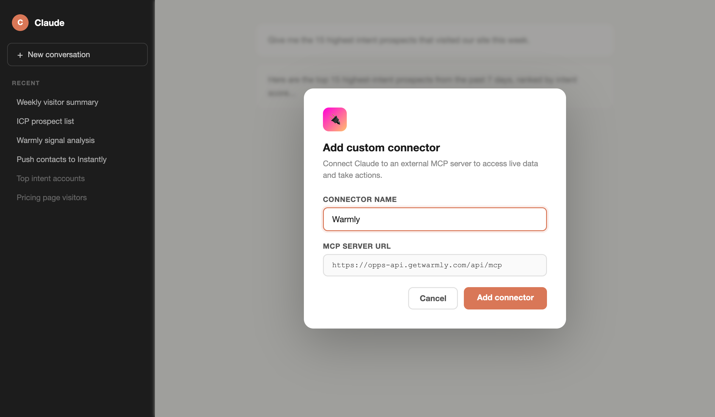 Claude Add custom connector dialog with Warmly name and MCP URL filled in