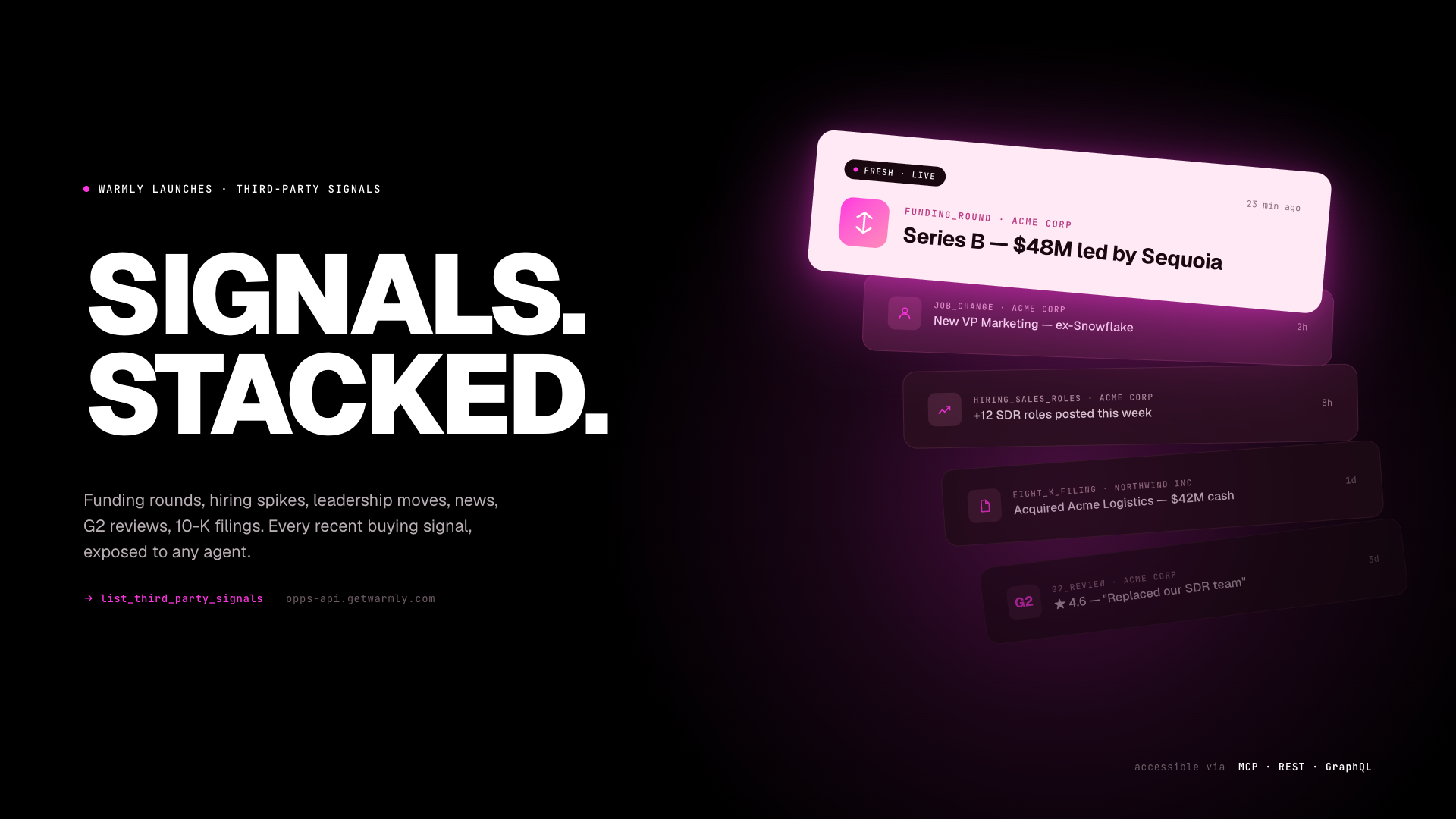 Warmly third-party signals launch — cascading signal cards including funding, hiring, job changes, 10-K filings, and G2 reviews