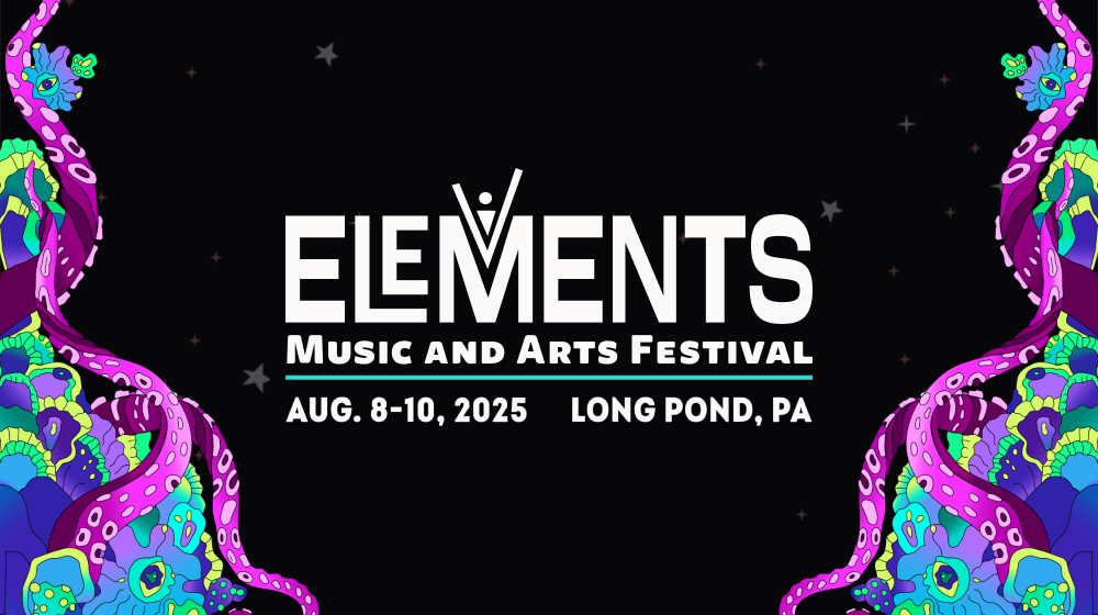 Cover image for Elements Music & Arts Festival 2025 featuring event name, dates (August 8–10), and location (Long Pond, PA) with psychedelic tentacle artwork on black background