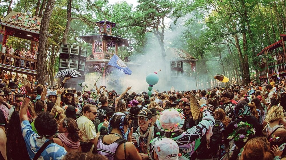 Crowd enjoying a daytime set at Elements Music Festival, surrounded by forest stages and vibrant decorations