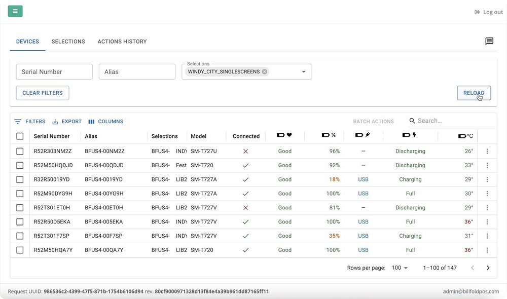 Screenshot of Billfold’s Fleet Control dashboard showing real-time device data including battery level, connection status, temperature, and charging state across multiple POS terminals