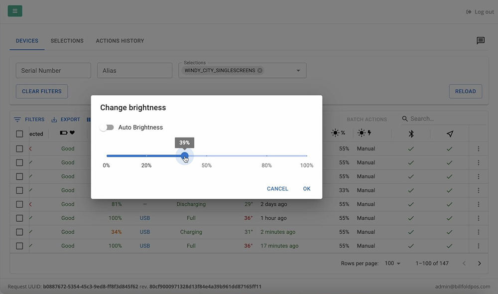User adjusting screen brightness settings for a POS device within the Billfold Fleet Control dashboard, with manual and auto brightness options visible