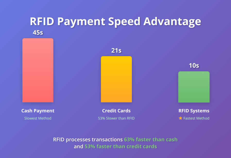 Infographic showing RFID payment transaction speeds compared to cash and credit cards