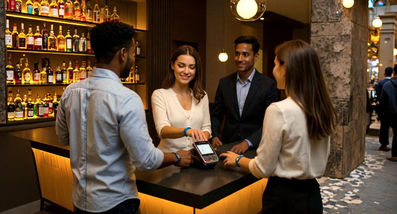 Guests using RFID payment systems with contactless wristbands at modern hotel bar
