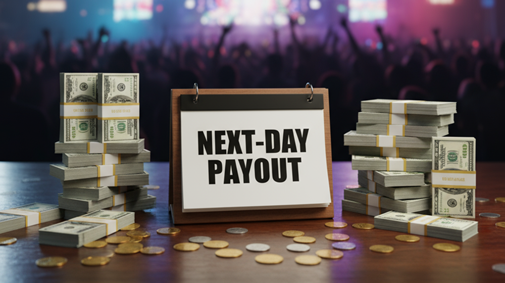 Calendar showing “Next-Day Payout” surrounded by stacks of dollar bills and coins, with a blurred festival crowd in the background.