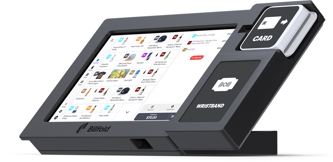 Billfold point-of-sale terminal with touchscreen interface showing cashless payment options for events and venues