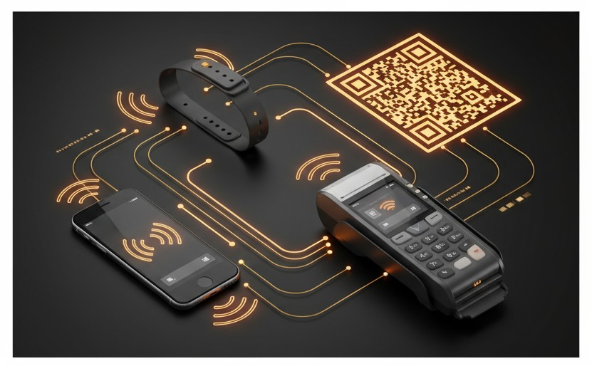 Split screen comparison of contactless payment pos system and cashless payment methods