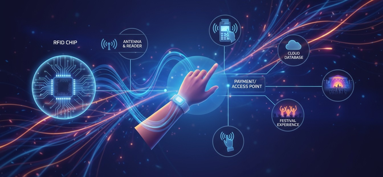 RFID technology illustration showing electromagnetic waves and payment processing