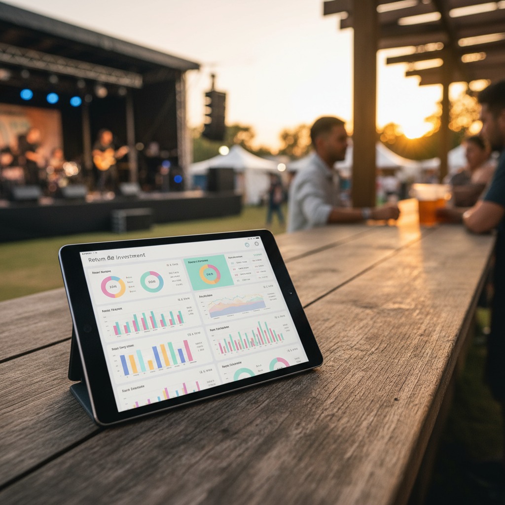 Event organizer analyzing RFID cashless POS ROI metrics and performance data