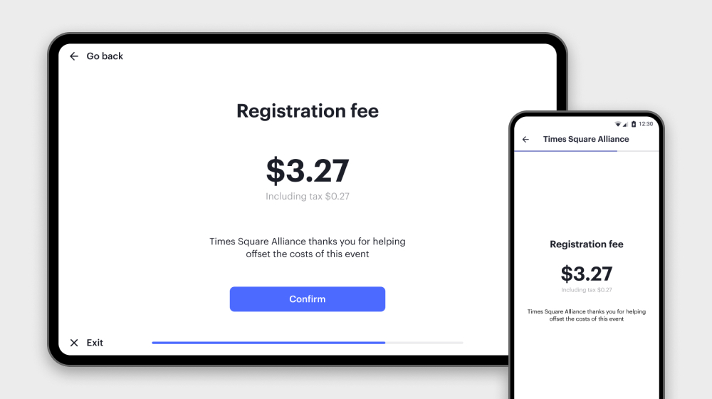 Registration fee screen on Billfold Activation Kiosk and mobile app interface.