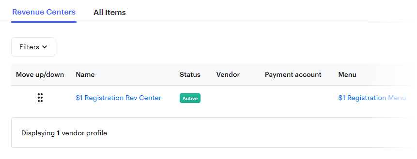 Dashboard view showing an active “$1 Registration Rev Center” linked to a “$1 Registration Menu” in Billfold POS.