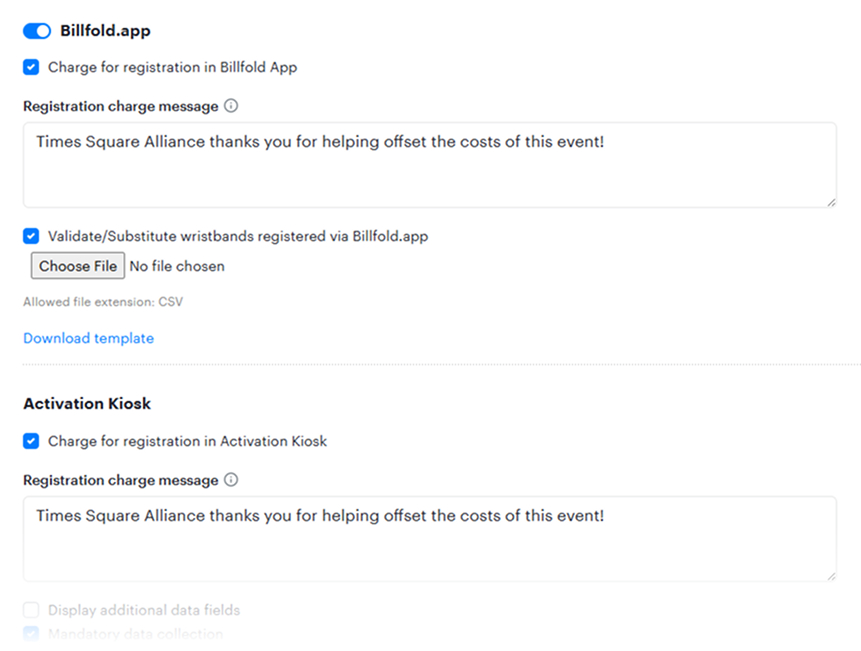 Billfold dashboard settings for enabling “Charge for Registration” in both the Billfold App and Activation Kiosk, with editable confirmation messages.