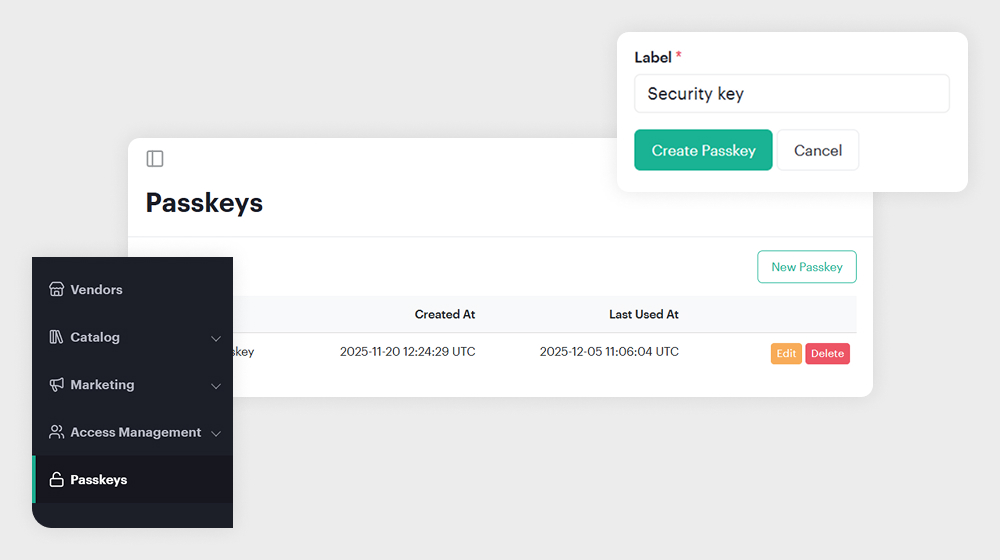 Billfold Dashboard interface showing the Passkeys settings page, including the sidebar navigation and the form for creating a new passkey.