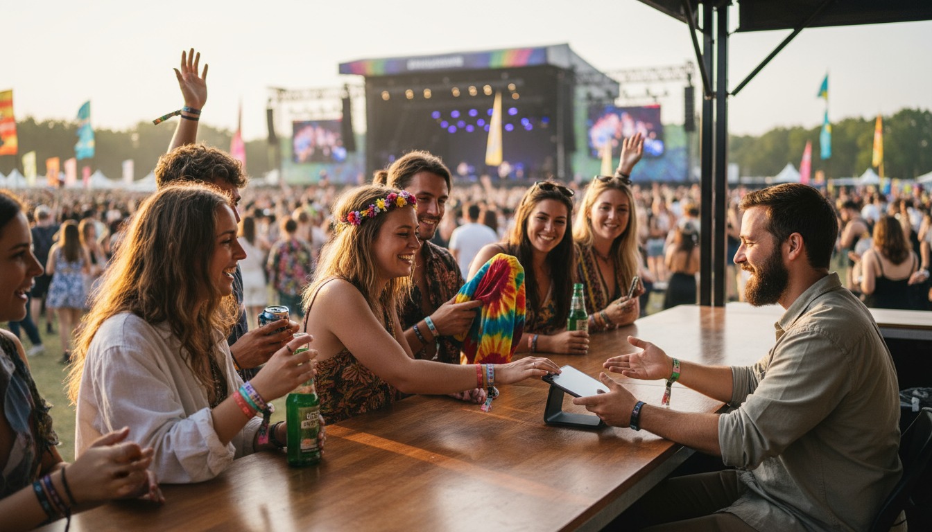 Festival attendees enjoying fast RFID cashless payment experience with no long queues