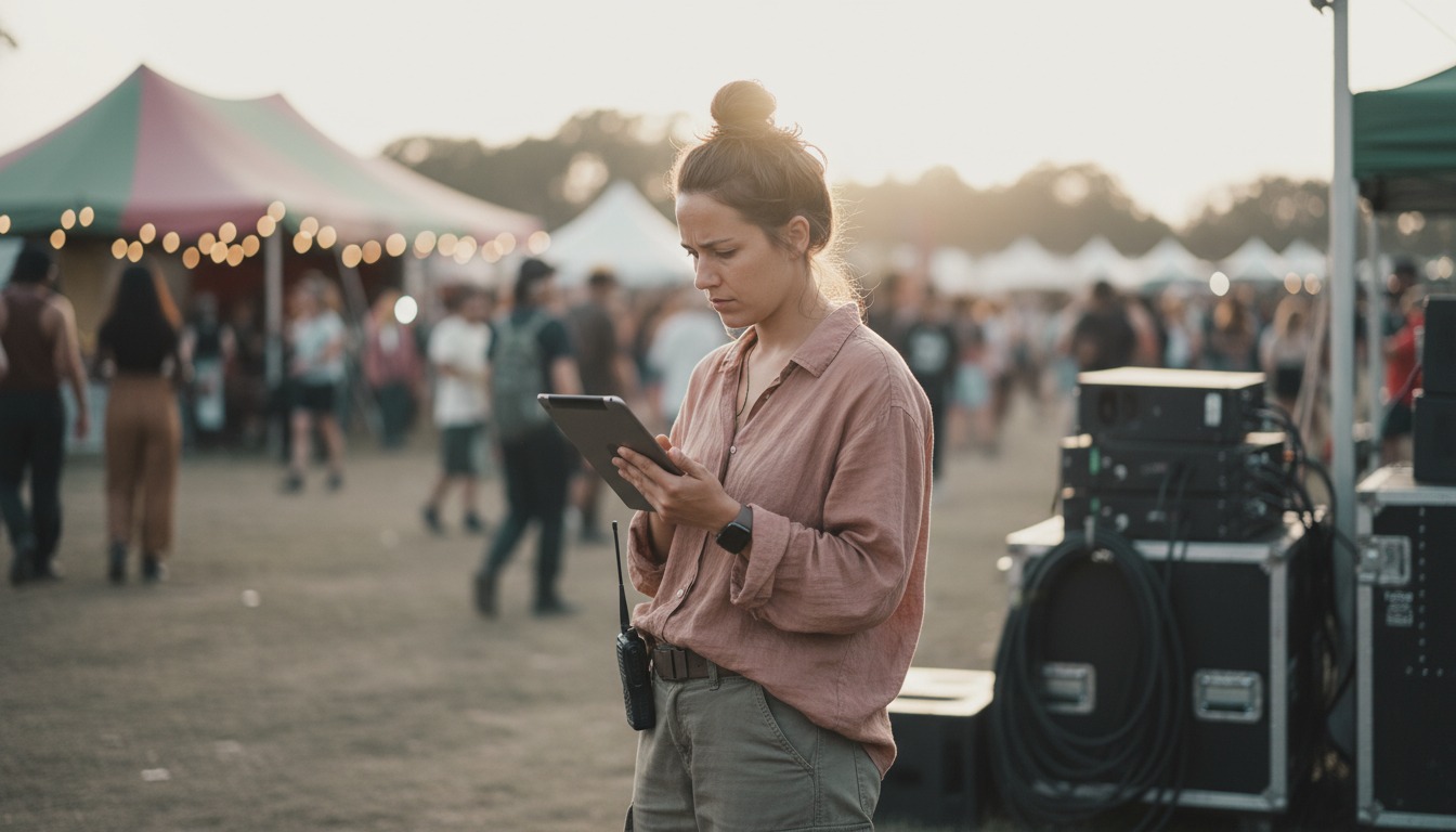 Festival manager reviewing RFID event management dashboard during live operations