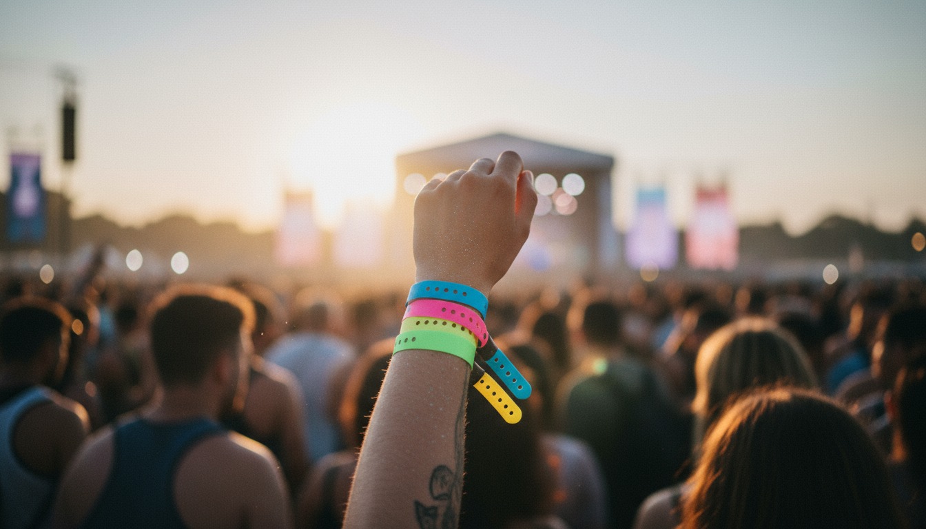 Festival attendees using RFID wristband contactless POS for festivals payments at outdoor music event
