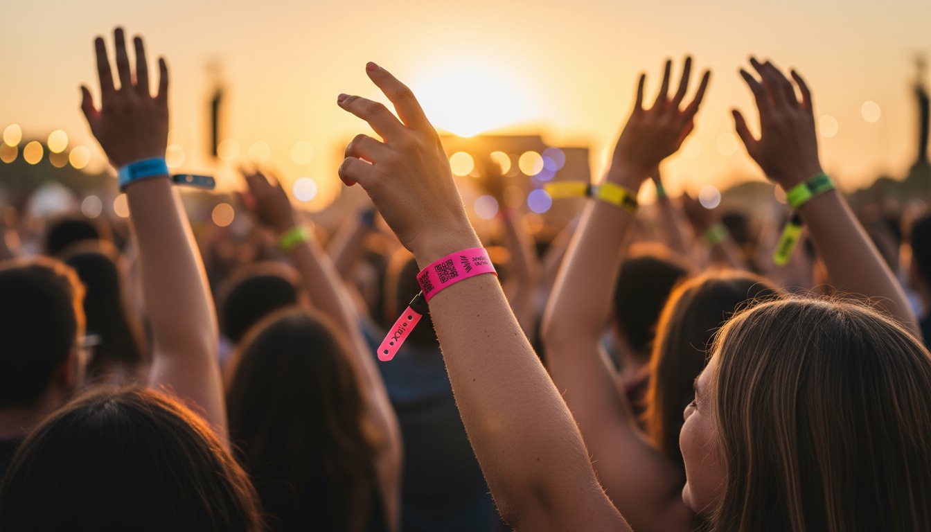Festival attendees wearing RFID transaction system wristbands at outdoor music event