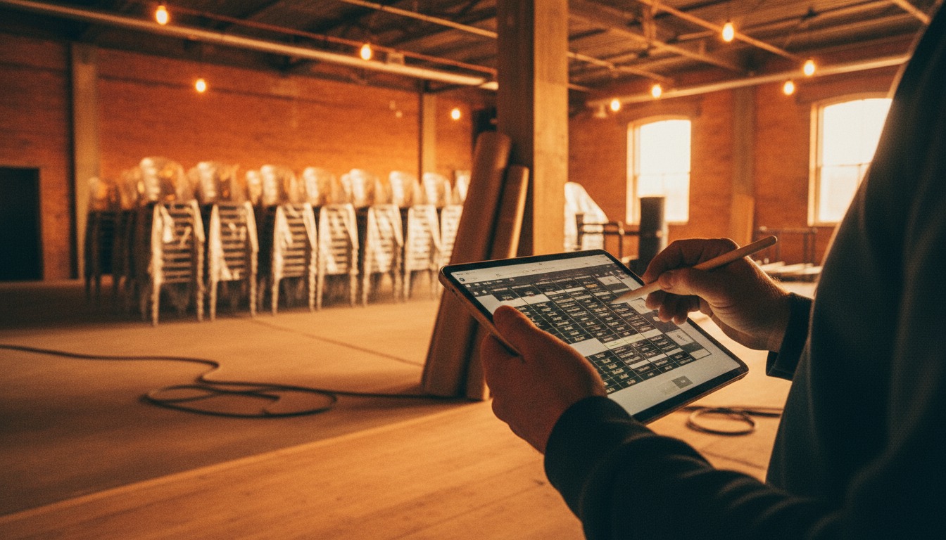 Event staff setting up RFID transaction system equipment at venue