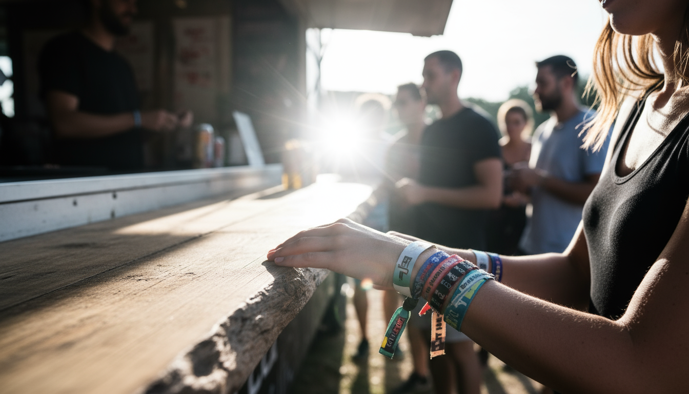Woman using cashless wristband payment at festival food vendor
