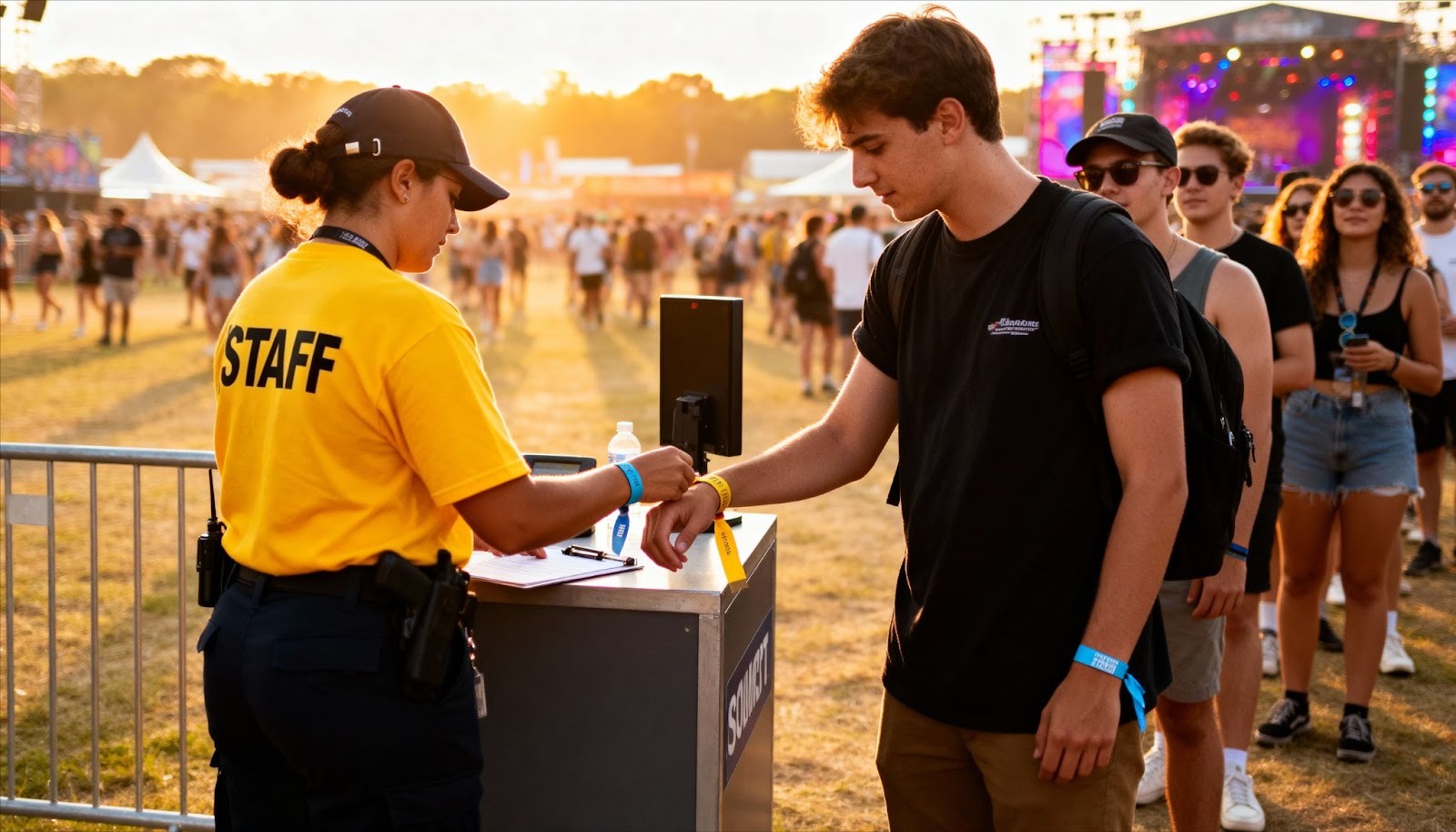 Festival security staff checking RFID wristbands for secure cashless event access