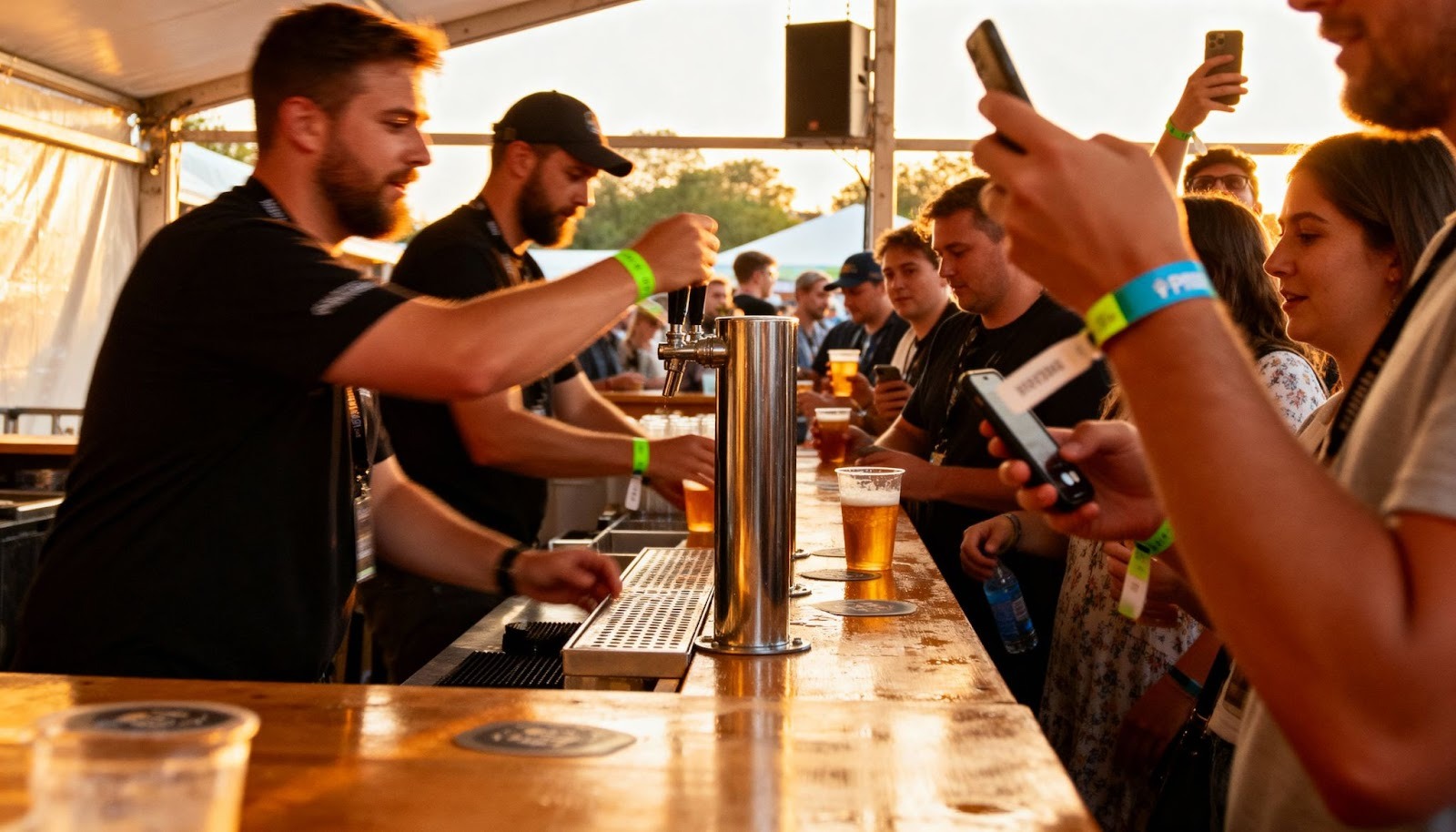 Fast-moving festival beer tent with efficient cashless payment processing