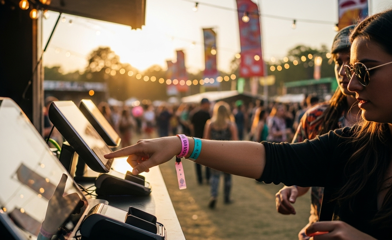 Festival attendees using RFID wristband payments at outdoor food vendor with modern POS terminal