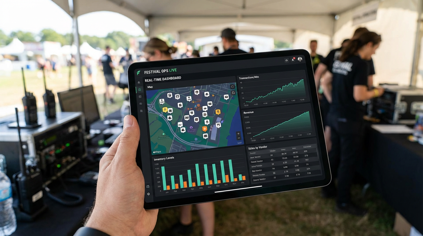 Real-time multi-vendor management dashboard for festival POS system showing live sales data