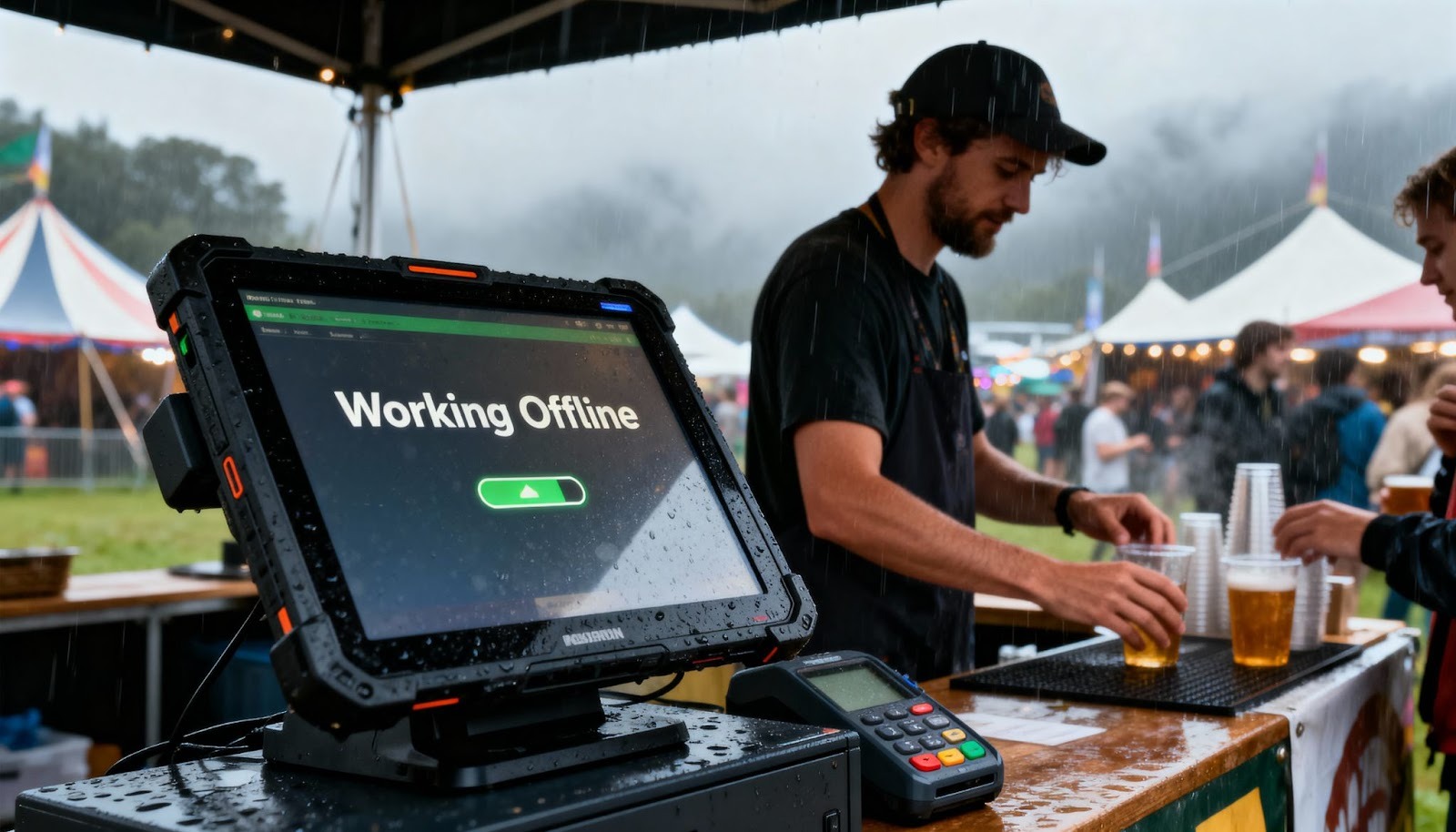 Rugged POS terminal with offline payment capability operating at outdoor festival in poor weather