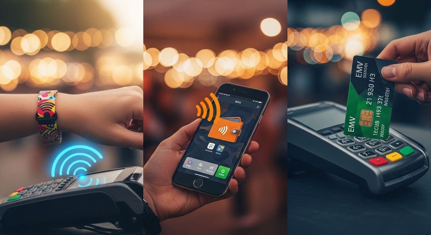 Side-by-side comparison of RFID wristband, NFC mobile payment, and EMV chip card at event payment terminal