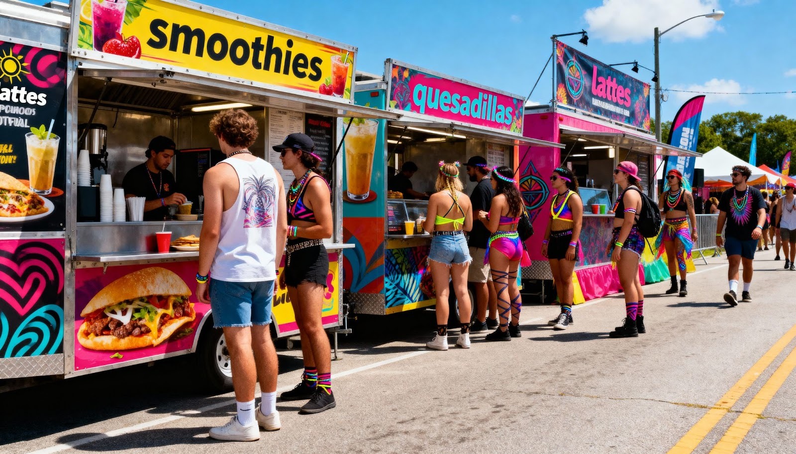 Multiple food and beverage vendor booths operating simultaneously at outdoor music festival demonstrating multi-venue cashless event architecture in action