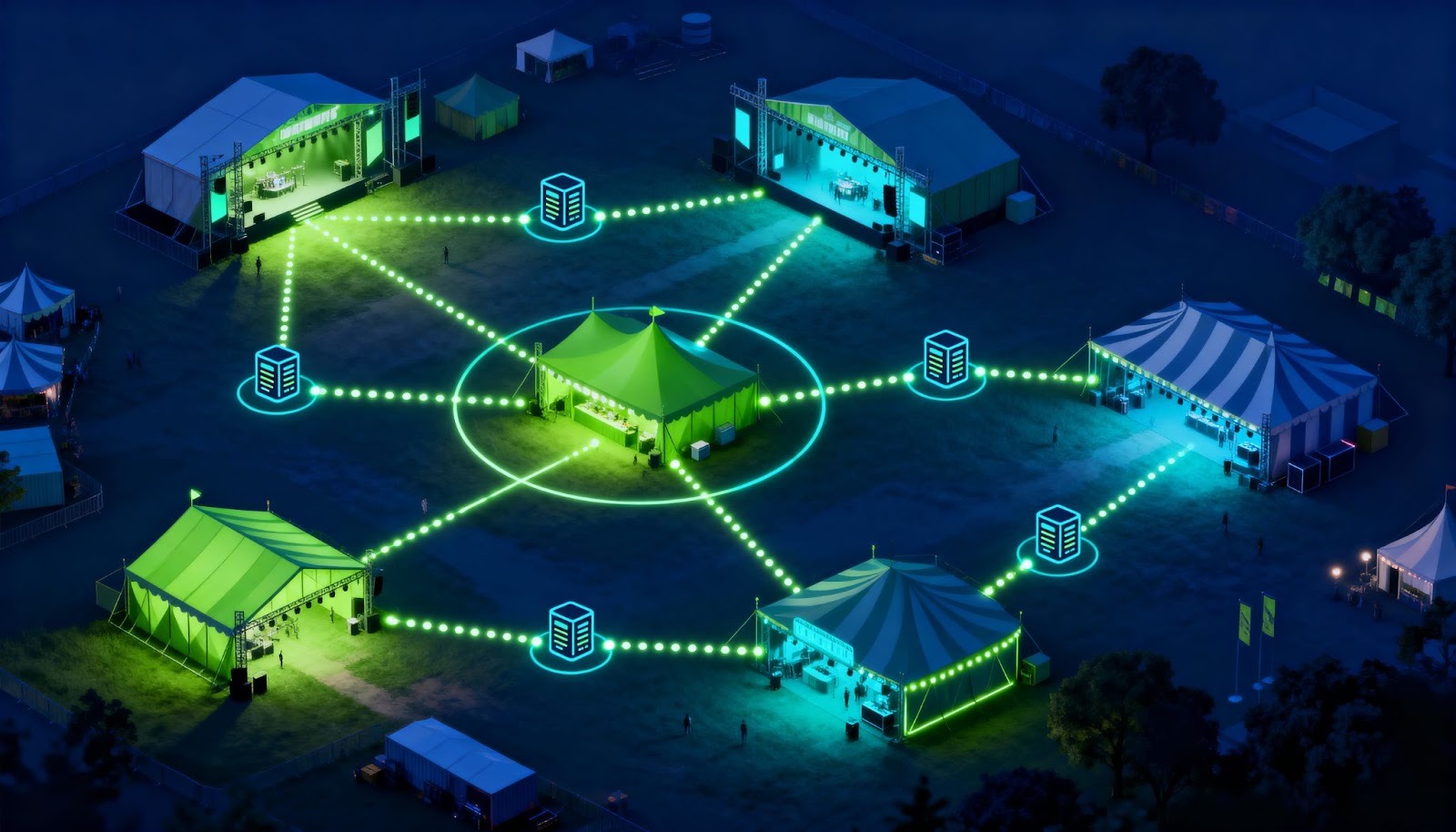 Multi-venue tech distributed architecture showing independent processing at each festival location