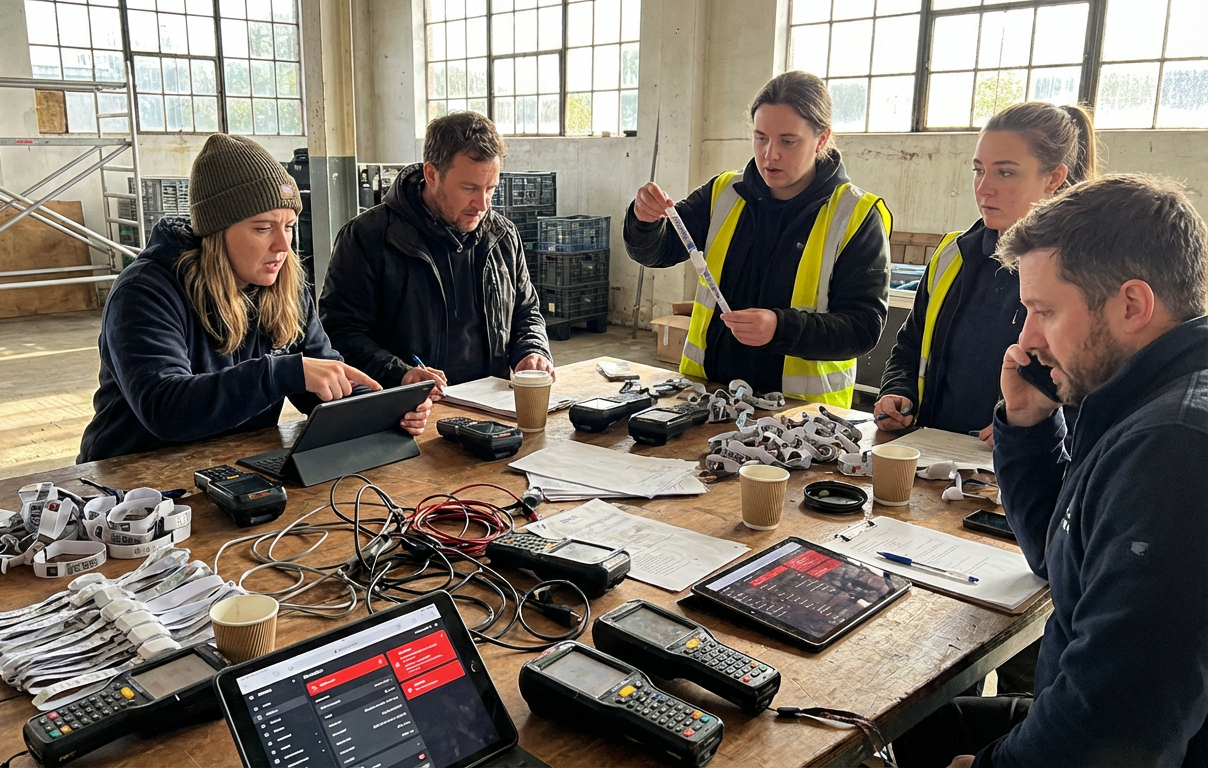 Festival production team reviewing RFID implementation challenges during event preparation with readers and wristbands