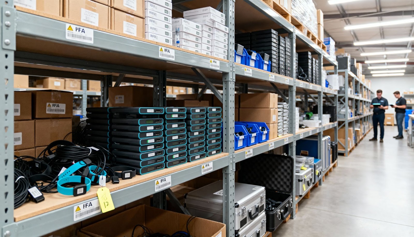 Warehouse storage of RFID readers and equipment showing hardware management challenges for multi-venue events