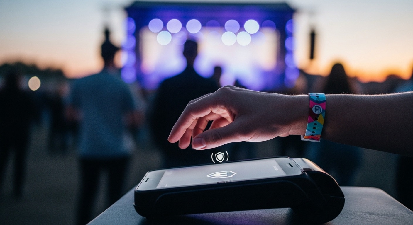 Festival attendee using secure contactless POS wristband payment at outdoor event