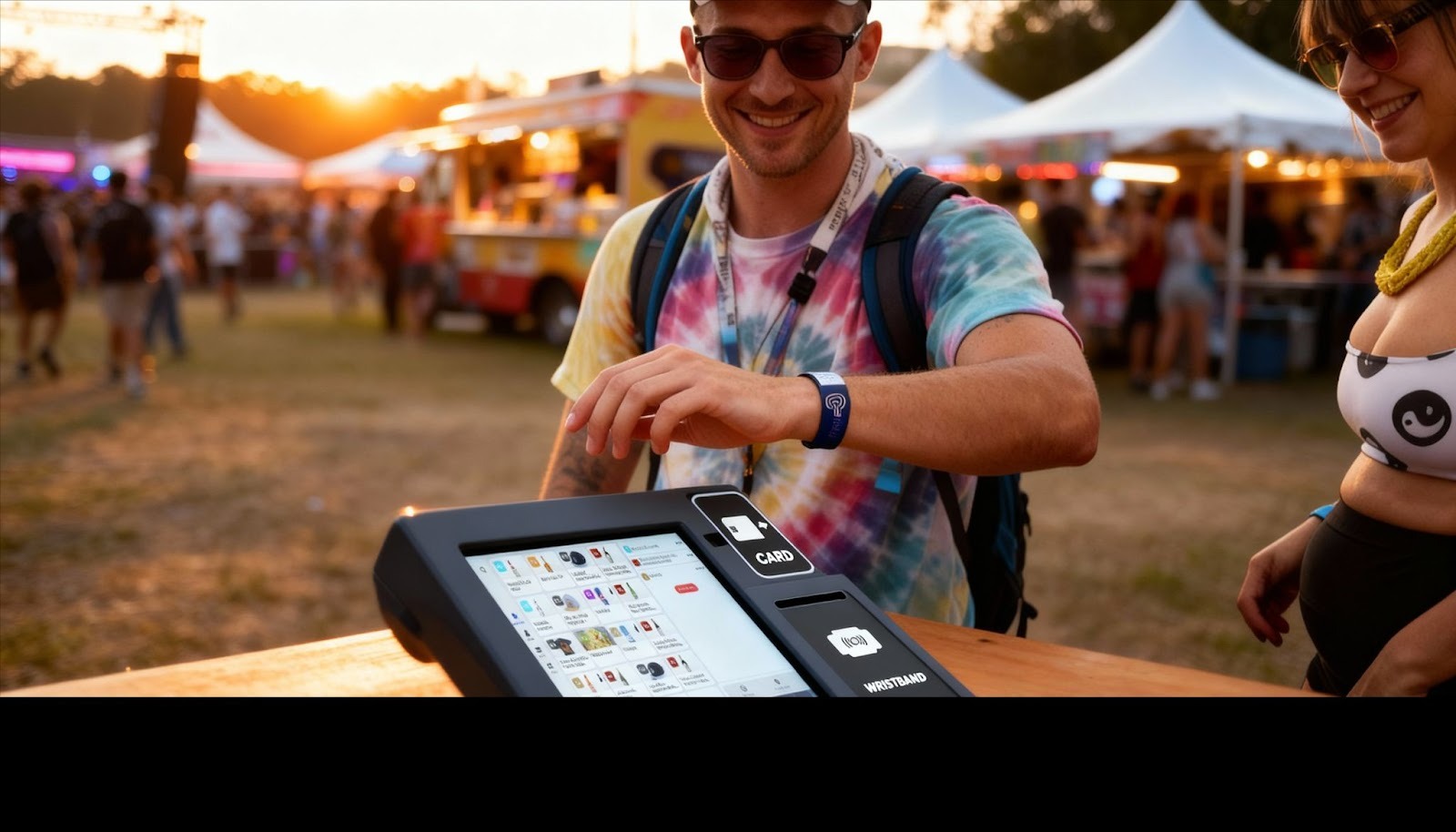 Hybrid payment systems at festival showing RFID wristband, NFC mobile payment, and QR code technology working simultaneously