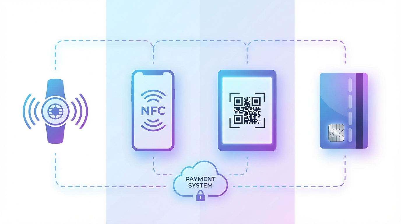 Mixed tech stack comparison showing RFID wristbands, NFC mobile payments, QR codes, and EMV card technology