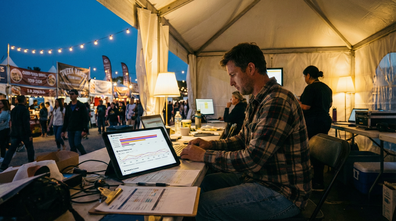 Festival organizer viewing RFID data analytics dashboard on tablet in operations tent at food festival