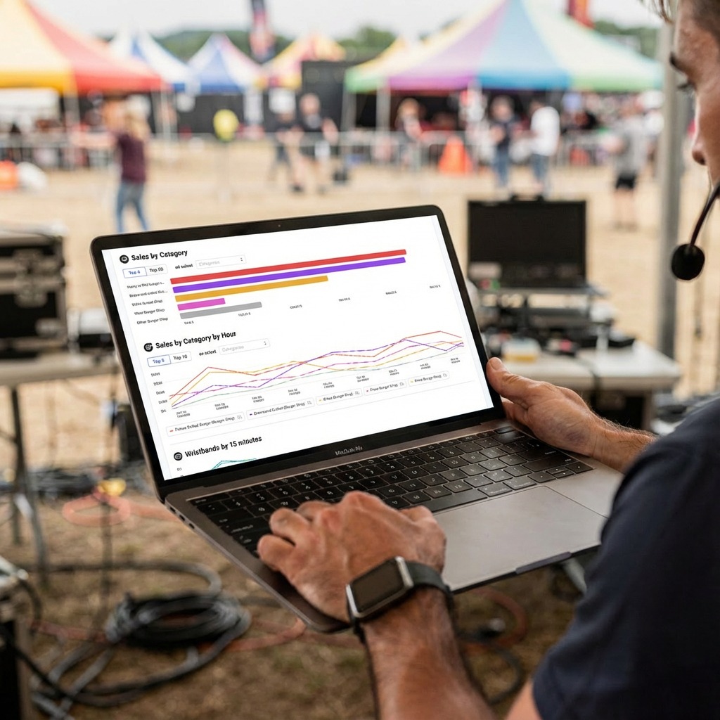 Event operator reviewing real-time RFID payment analytics dashboard at festival