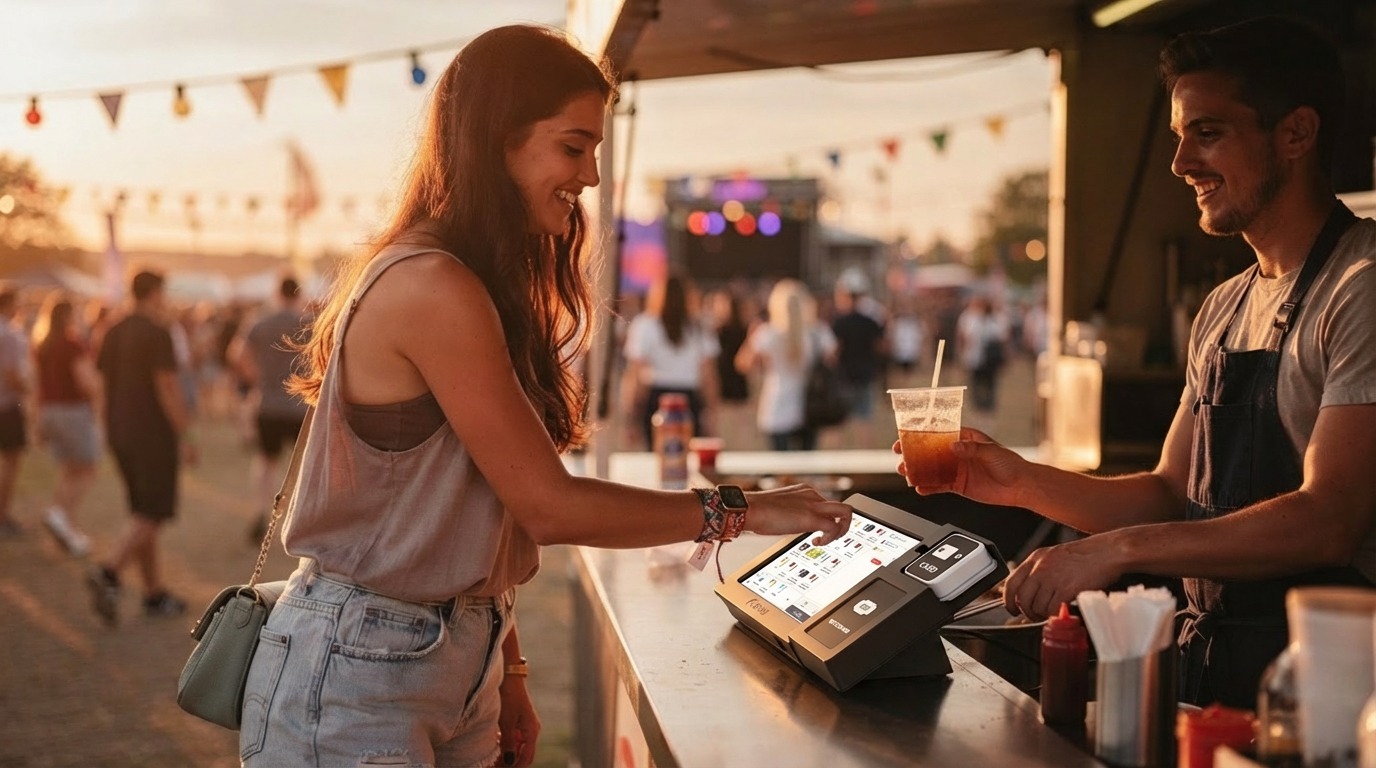Festival attendee using RFID wristband for cashless payment at outdoor food vendor