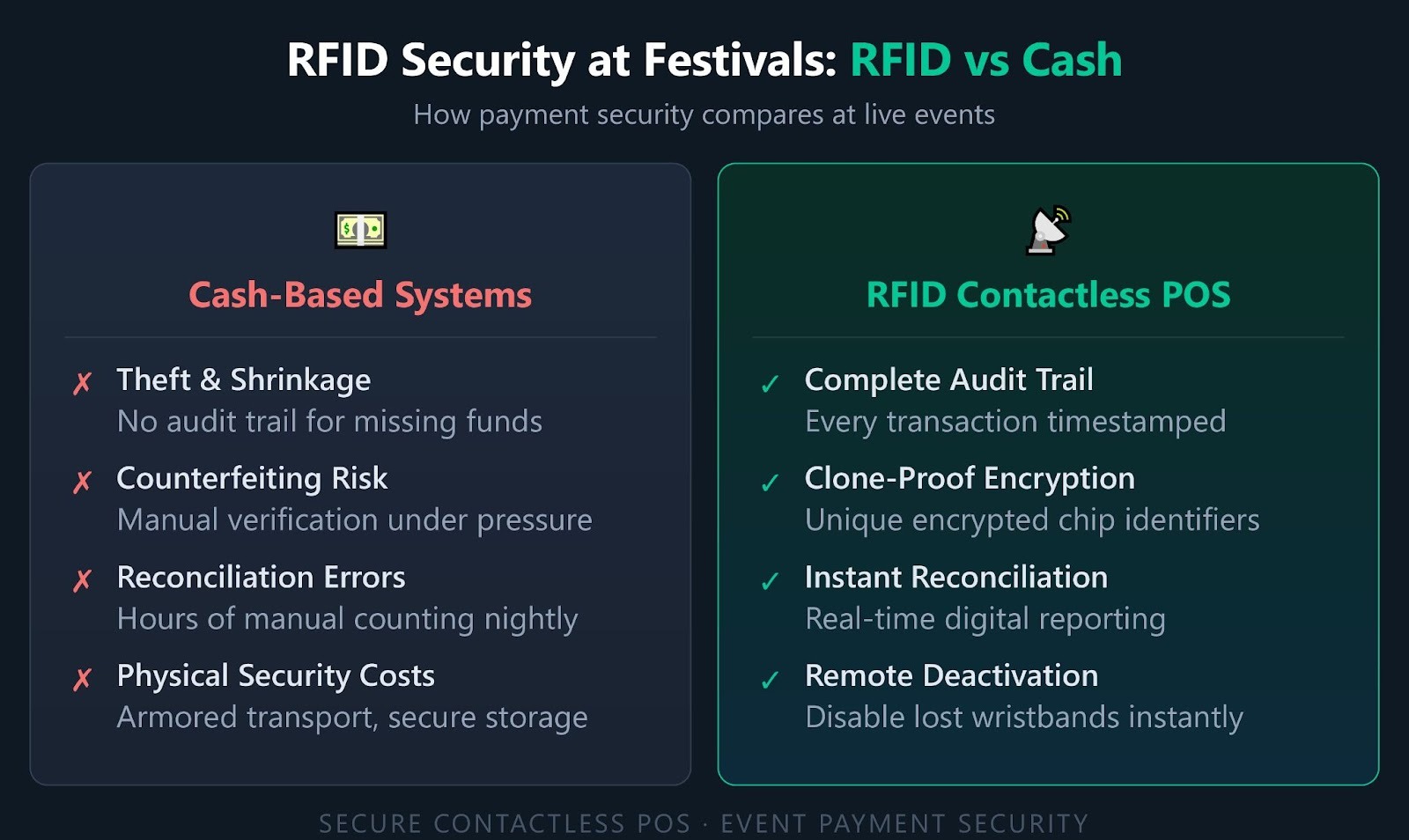 Side-by-side comparison infographic of cash-based systems versus RFID contactless POS security at events and festivals