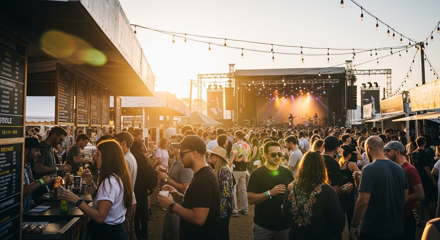 Festival attendees using cashless POS terminals at outdoor food vendor booths during golden hour