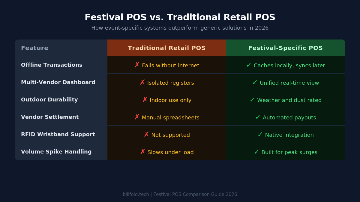 Comparison table infographic showing festival POS versus traditional retail POS across six key features