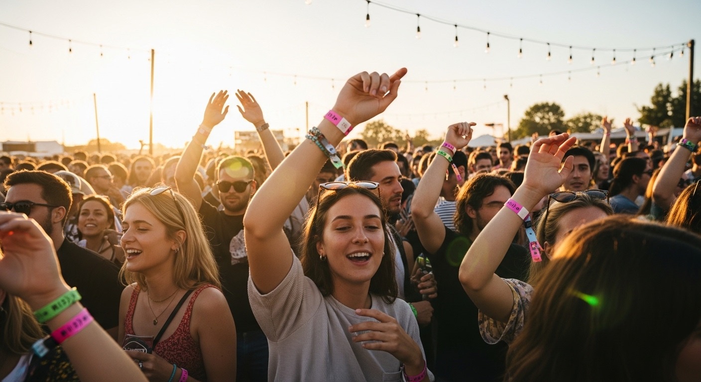 Festival attendees wearing RFID wristbands raise their hands at an outdoor music event during golden hour