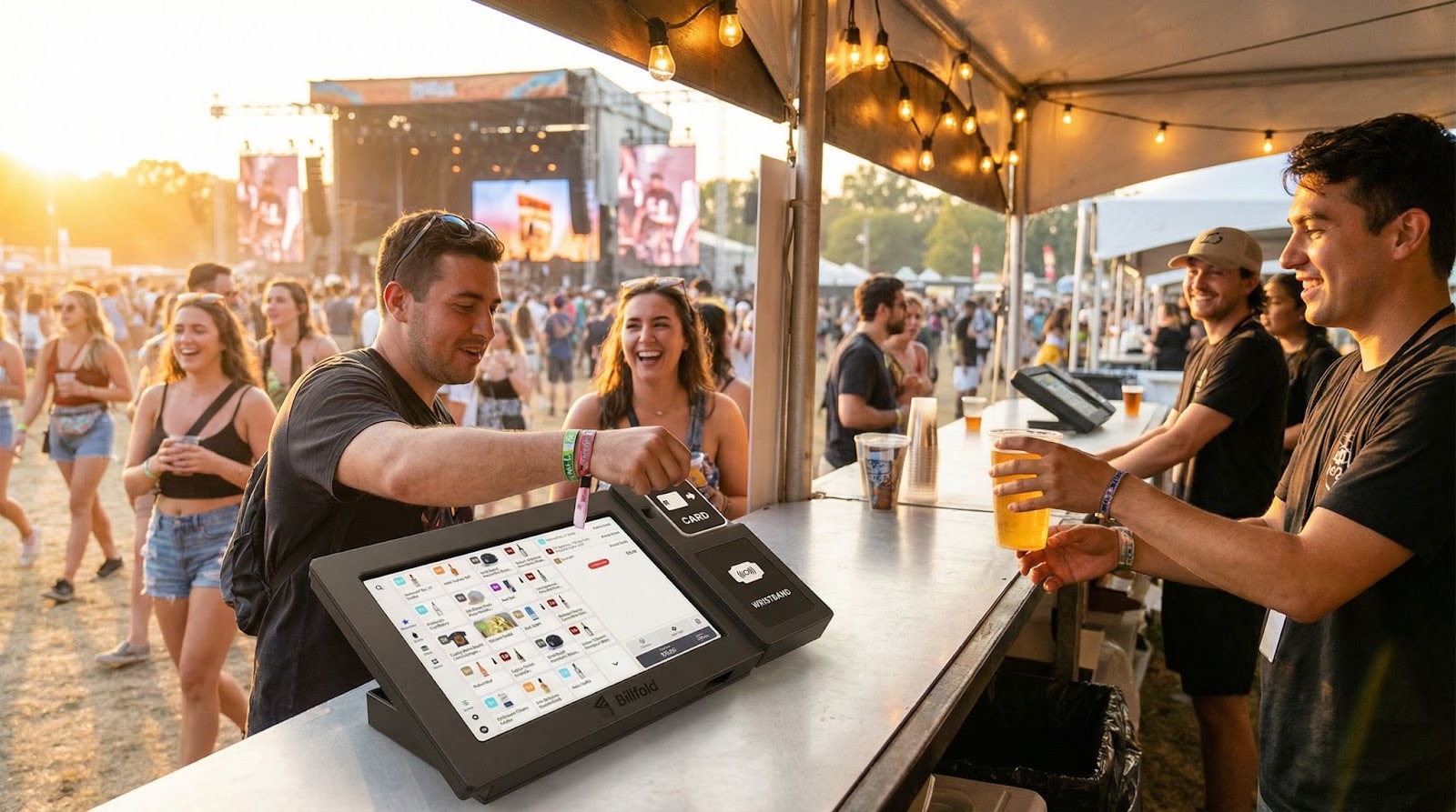 Festival attendees using cashless RFID wristbands at an outdoor event vendor booth during golden hour
