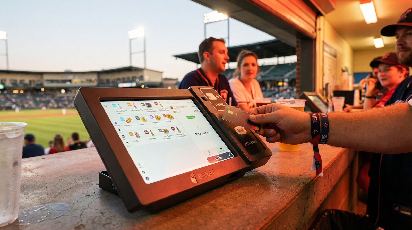 Fan tapping contactless card on a modern POS terminal at a stadium concession counter