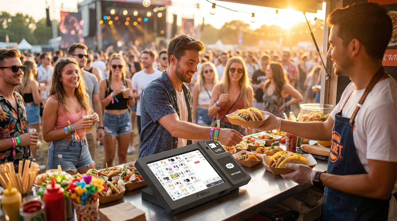 Festivalgoers using RFID wristbands to make cashless payments at a music festival vendor booth during golden hour