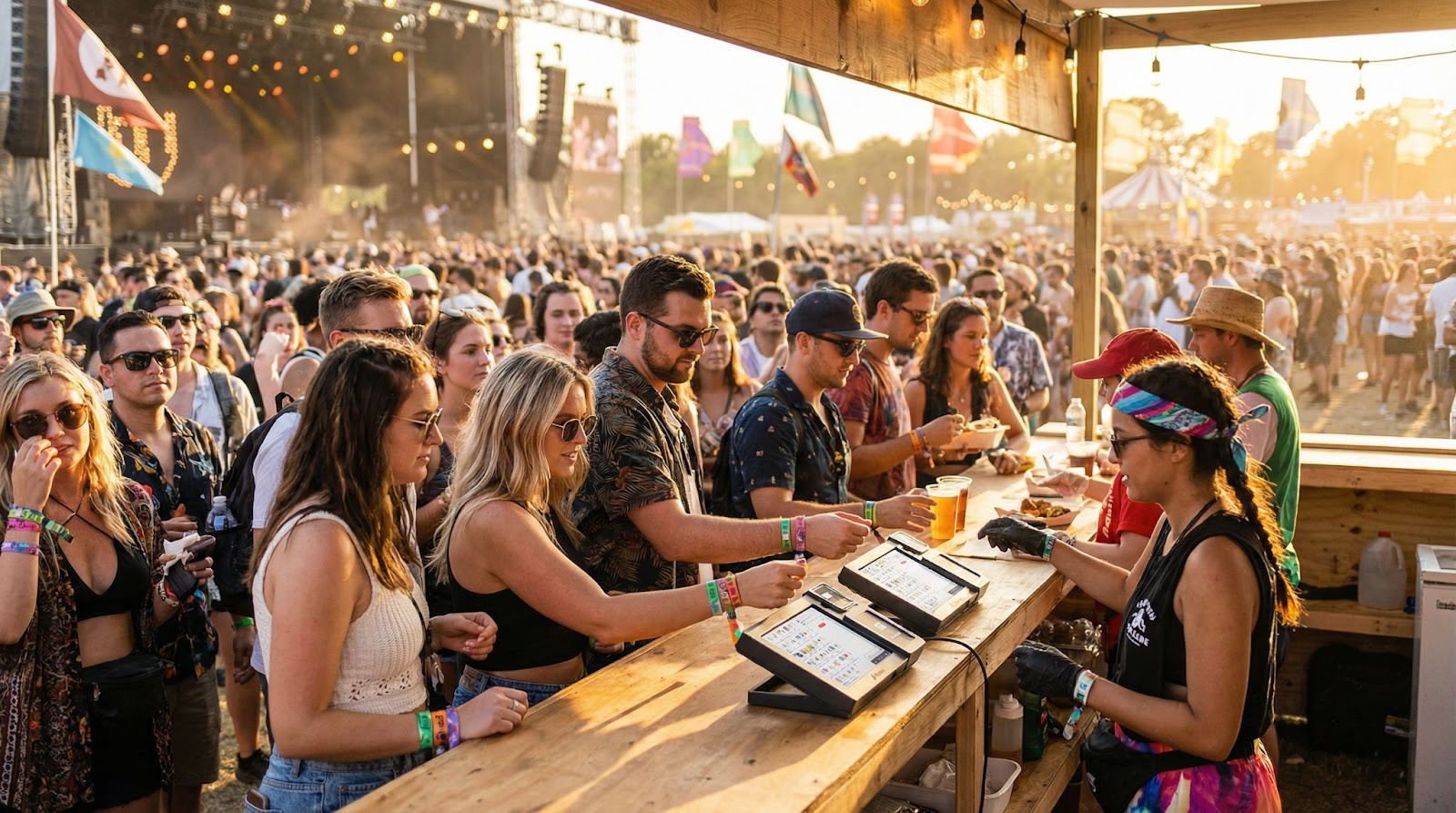 Festival attendee tapping an RFID wristband at an outdoor food vendor booth during a cashless event