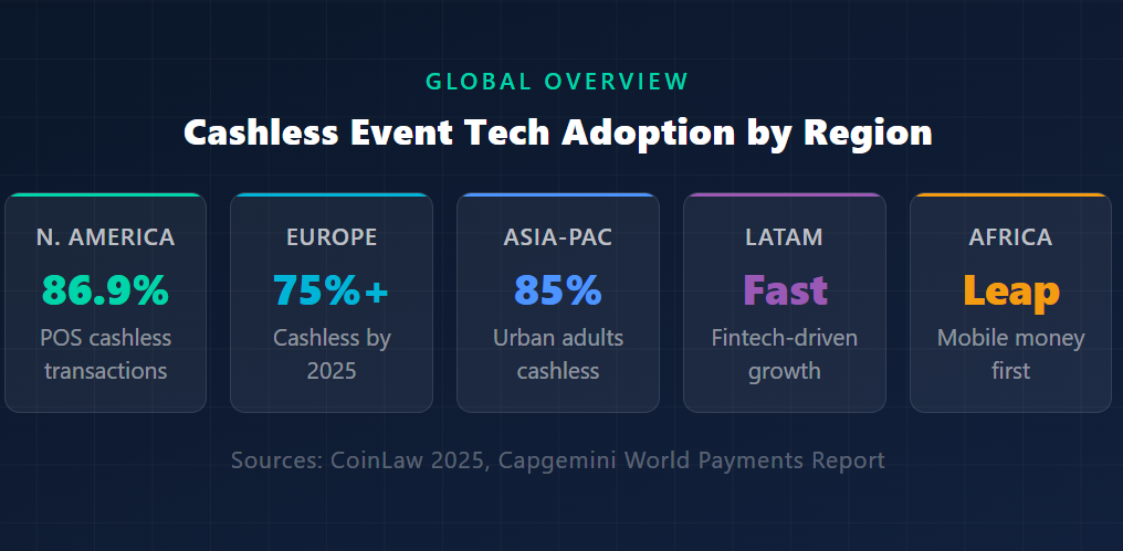 Global cashless event tech adoption by region showing North America at 86.9 percent, Europe at 75 percent, and Asia-Pacific at 85 percent urban adoption