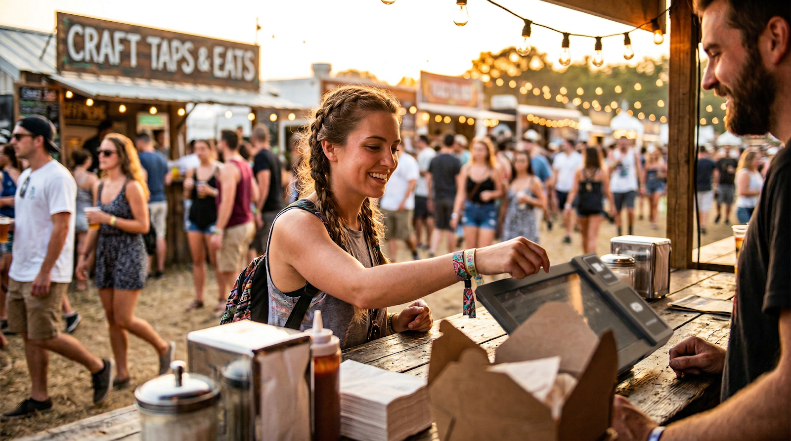Festival attendee using RFID wristband to pay at vendor booth — closed loop cashless payment in action