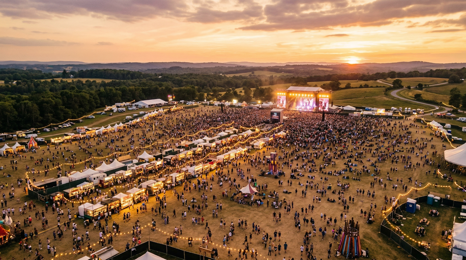 Aerial view of a large outdoor music festival at golden hour with vendor rows and crowds